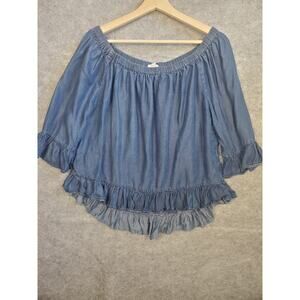 Jane And Delancey Women's Size Large Blue Chambray Ruffle Hem Peasant Blouse